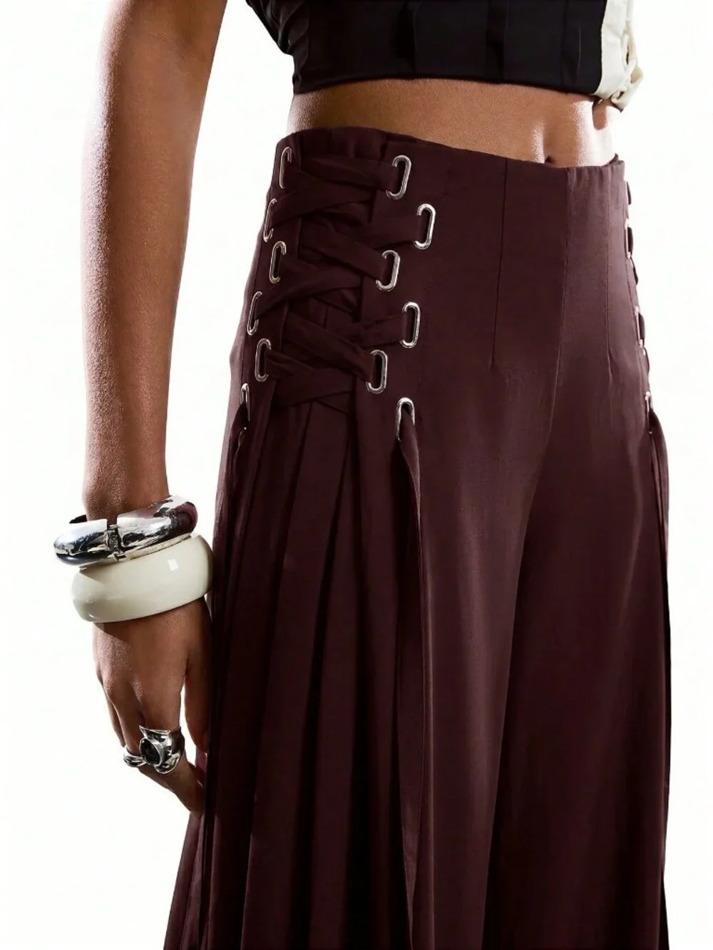 Brown Elegant Women's Drawstring Culotte Pants - Picture 5 of 6